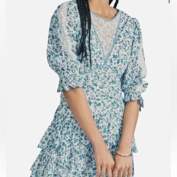 NWT LoveShackFancy Marquise Floral Mini Dress Size 6 Blue - Picture 2 of 4